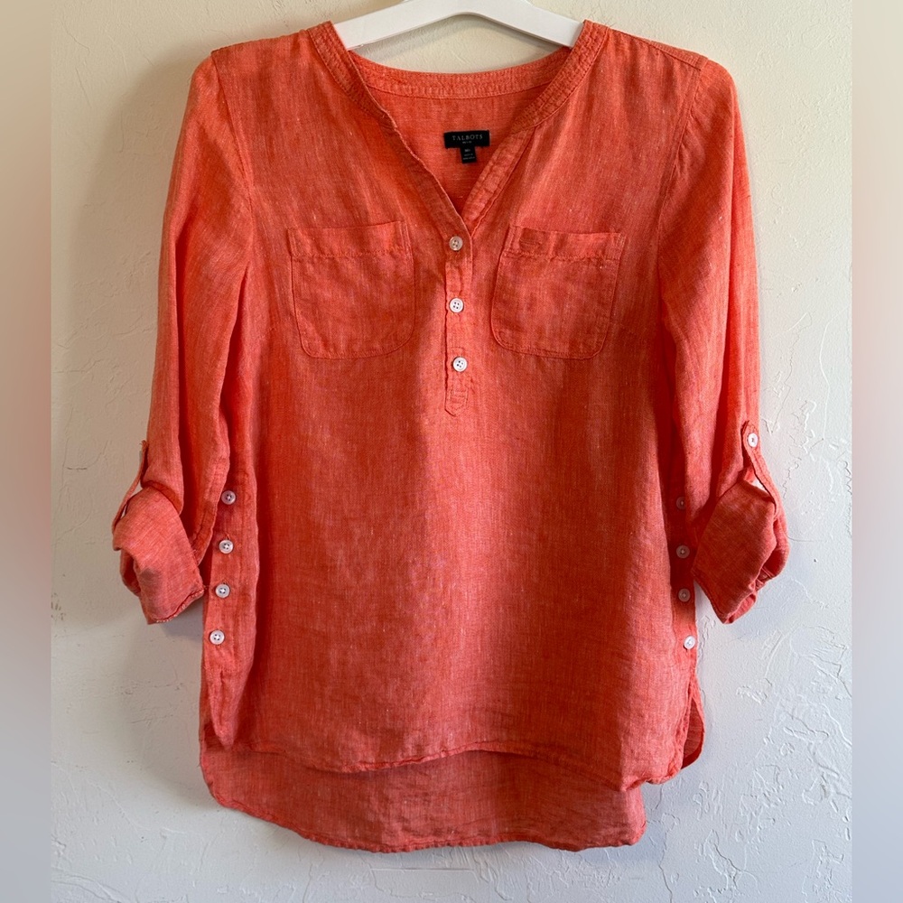 Talbots Beachy 100% Linen Coral/Orange V Neck Roll Up Sleeves Blouse Sz MP